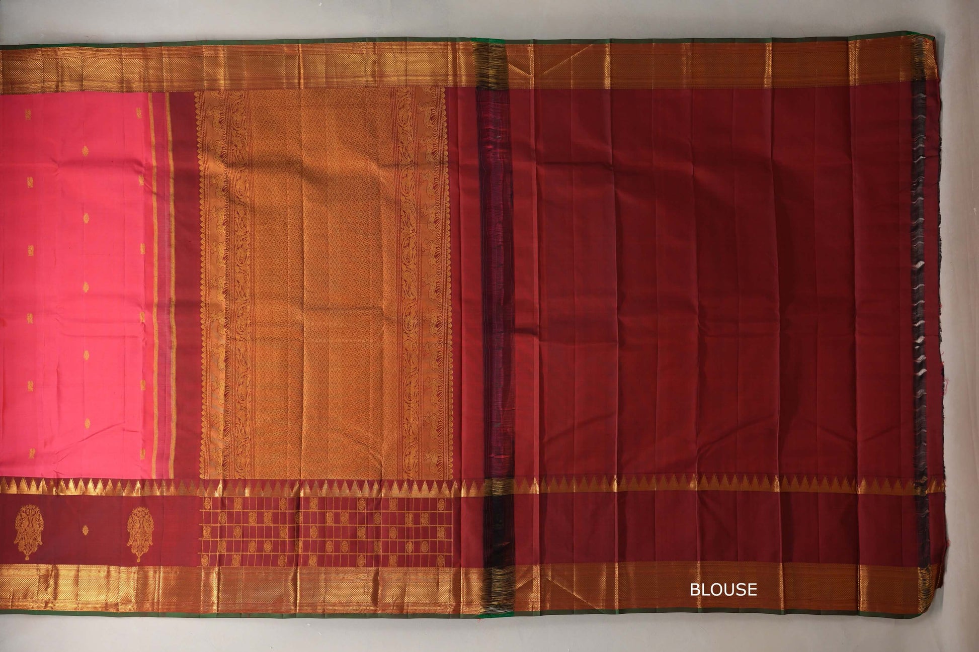 Orangish Pink with Deep Maroon with Dark Green Selvedge Borders Vintage Kanjivaram Silk Saree blouse