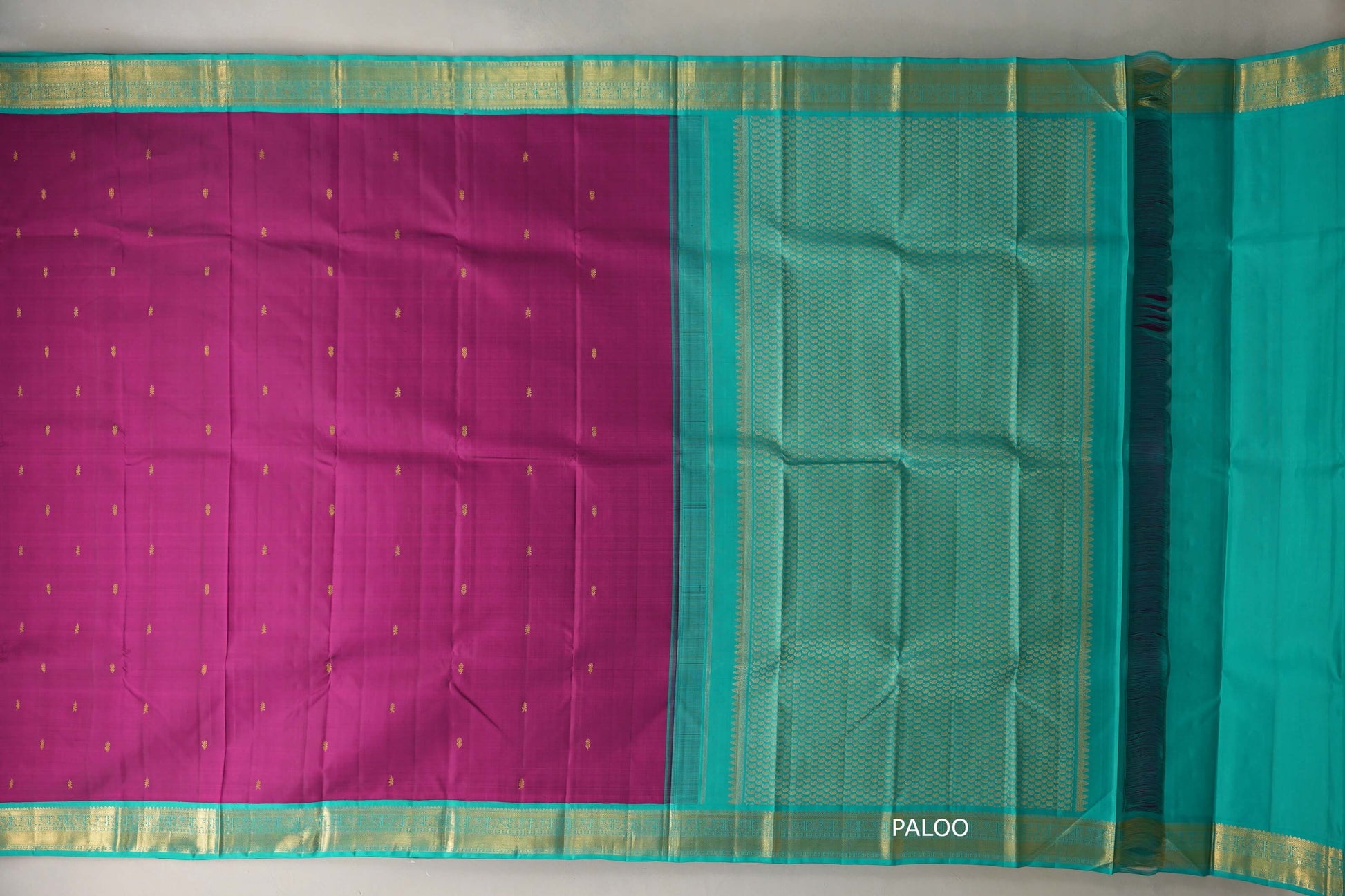 Deep Magenta with Aqua Green Borders Vintage Kanjivaram Silk Saree paloo