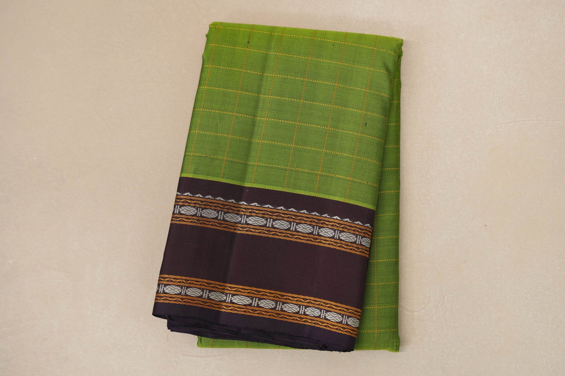 folded Parrot Green Thread Woven Vintage Kanjivaram Silk Saree 