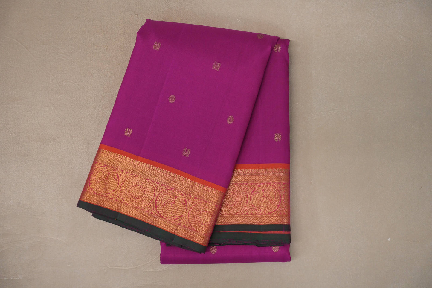 Bright Magenta with Orangish Pink with Bottle Green Selvedge Borders Vintage Kanjivaram Silk Saree