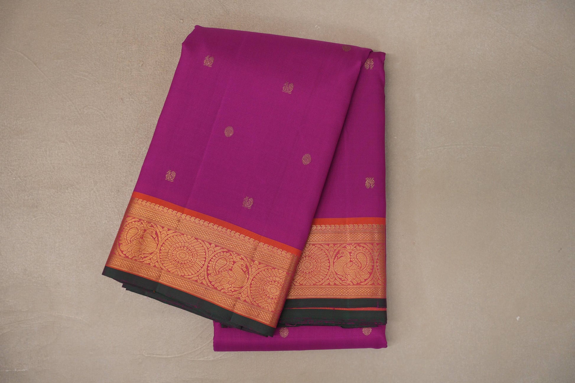 Bright Magenta with Orangish Pink with Bottle Green Selvedge Borders Vintage Kanjivaram Silk Saree