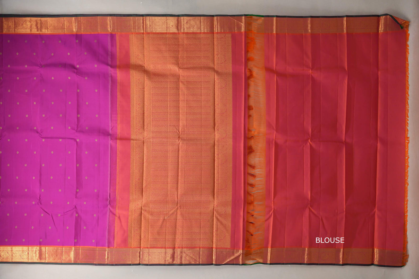 Bright Magenta with Orangish Pink with Bottle Green Selvedge Borders Vintage Kanjivaram Silk Saree blouse