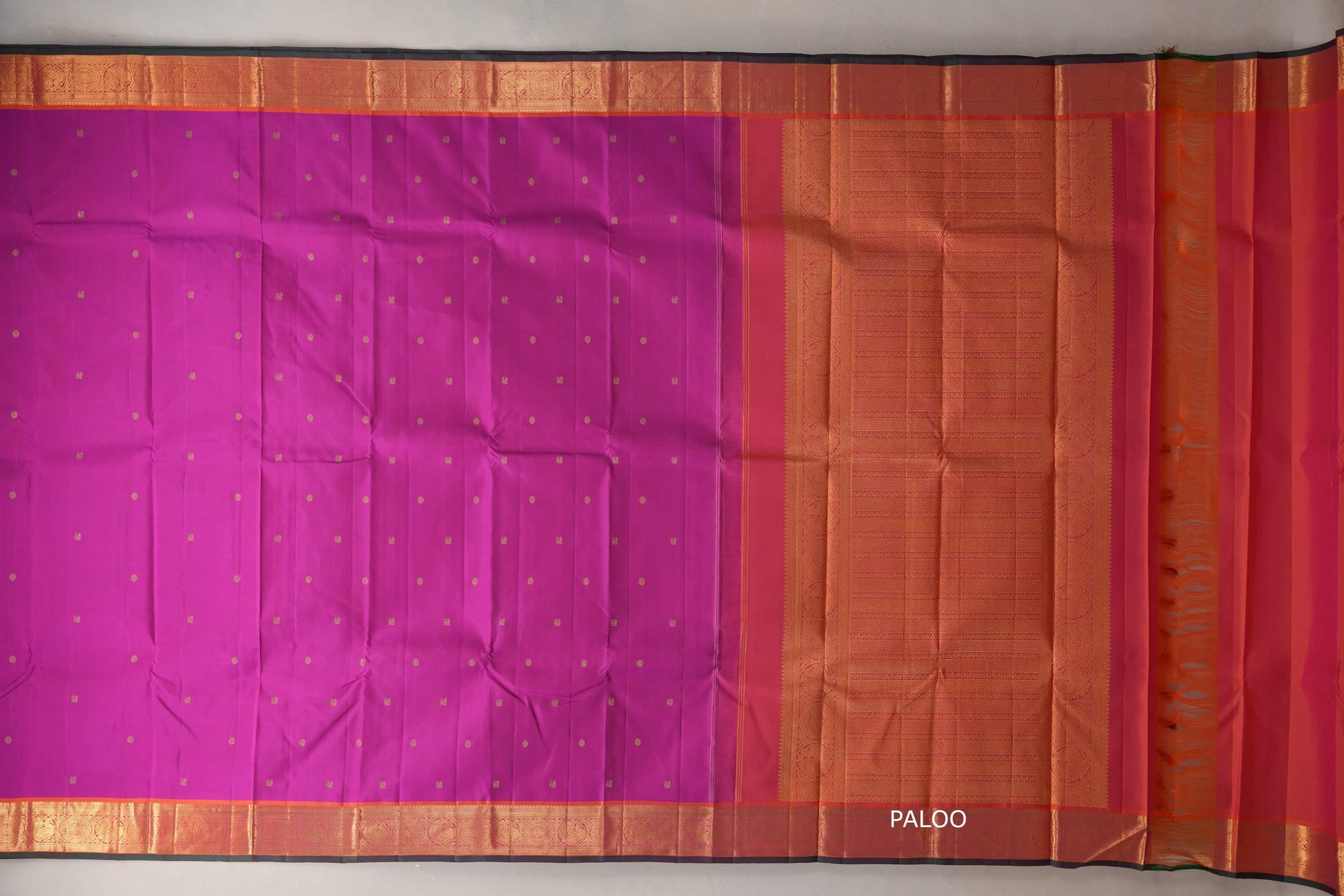 Bright Magenta with Orangish Pink with Bottle Green Selvedge Borders Vintage Kanjivaram Silk Saree paloo