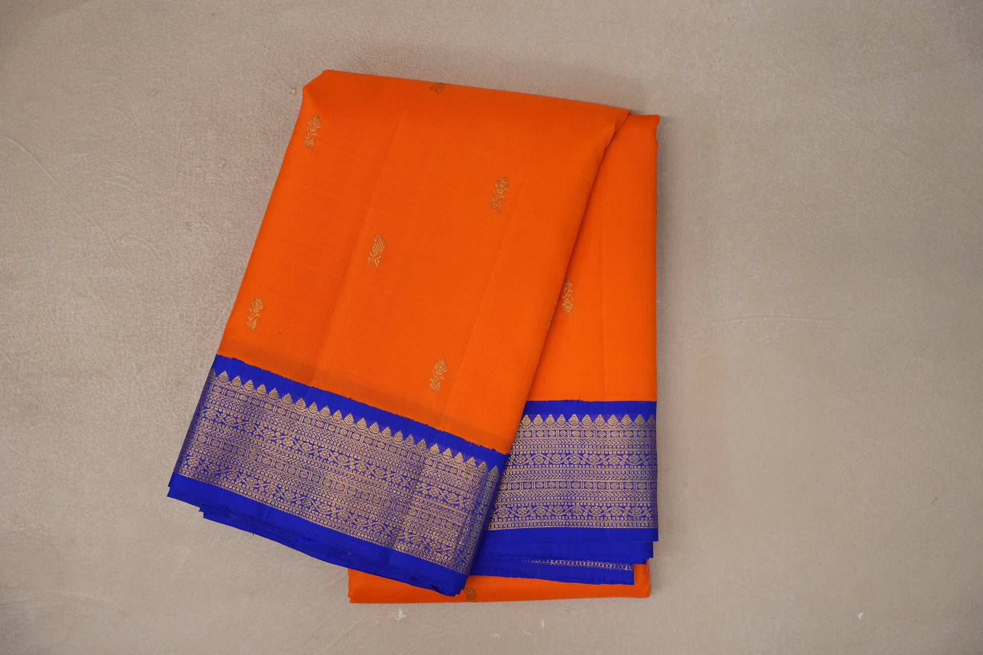 Bright Orange with Bright Royal Blue Borders Vintage Kanjivaram Silk Saree