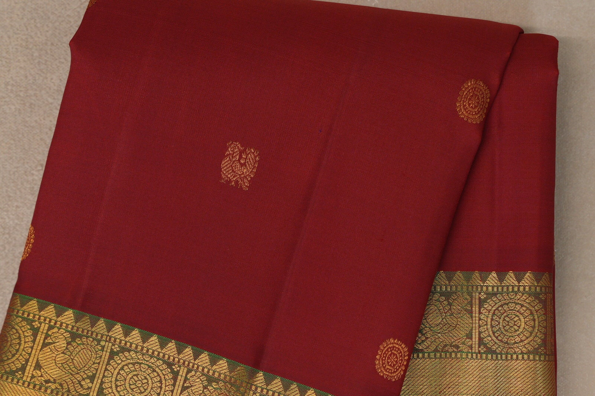 Reddish Maroon with Forest Green Borders Vintage Kanjivaram Silk Saree  boy
