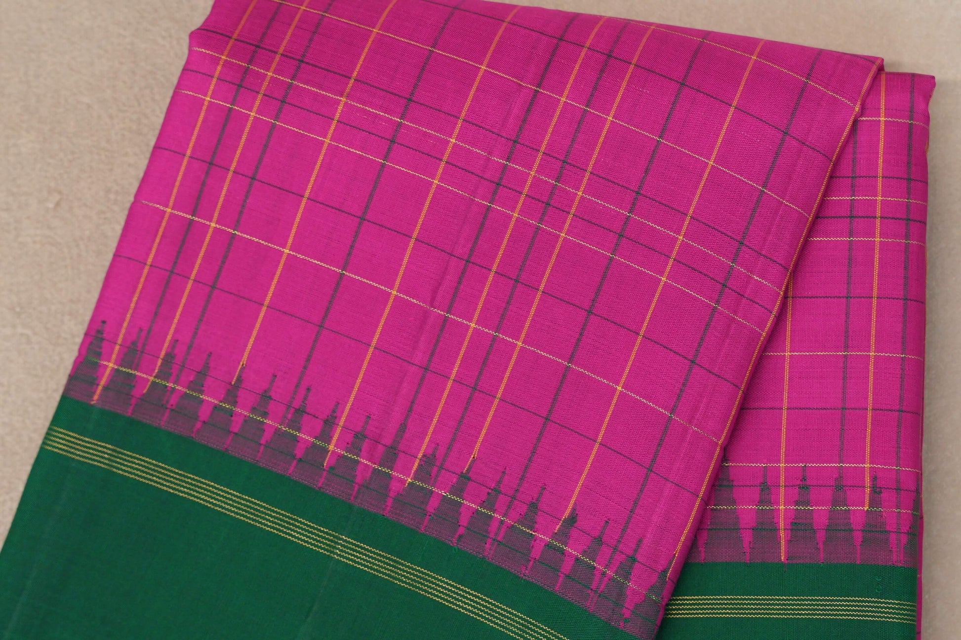 Bright Pink with Forest Green Borders Vintage Kanjivaram Silk Saree body