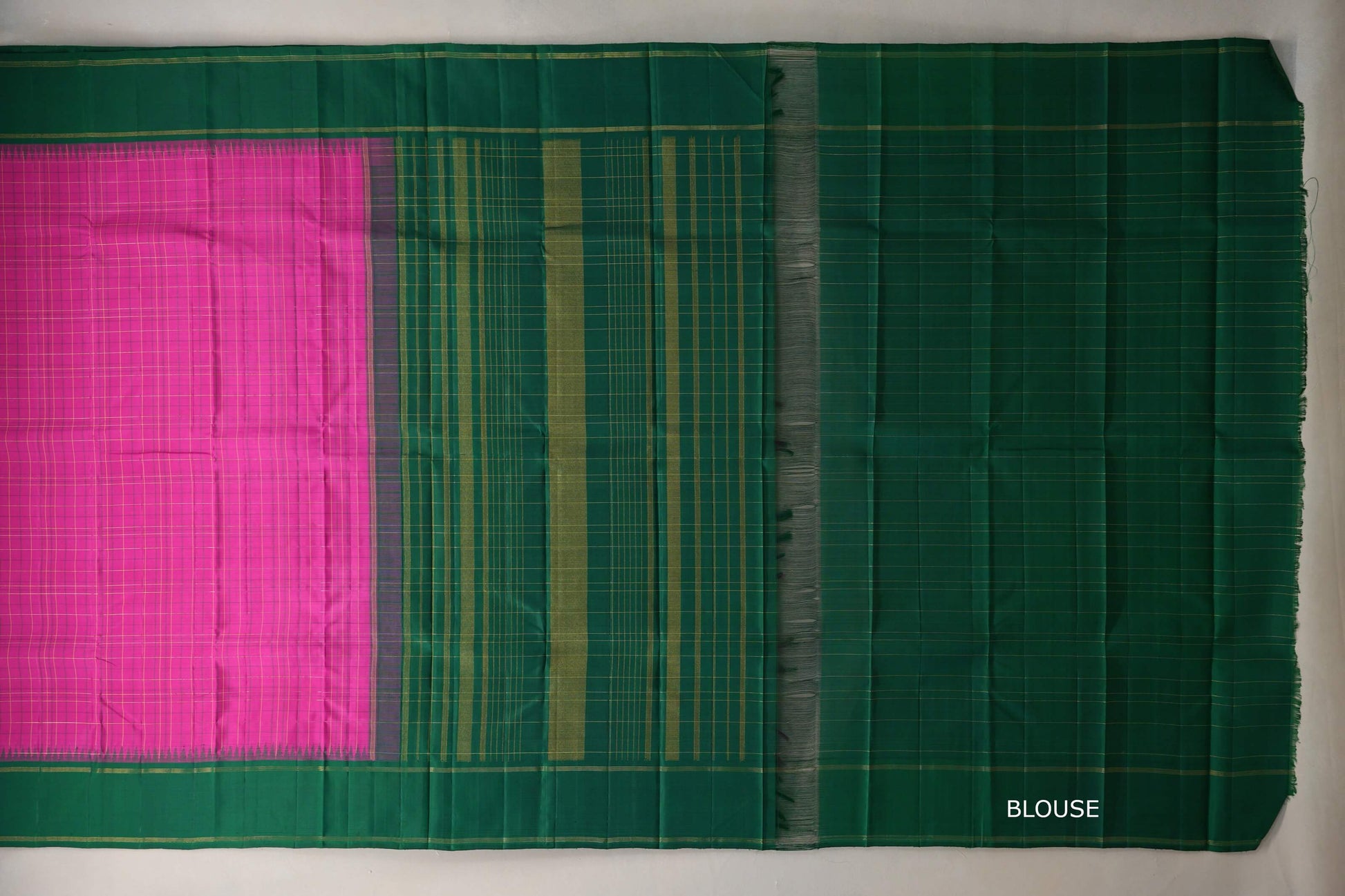 Bright Pink with Forest Green Borders Vintage Kanjivaram Silk Saree blouse