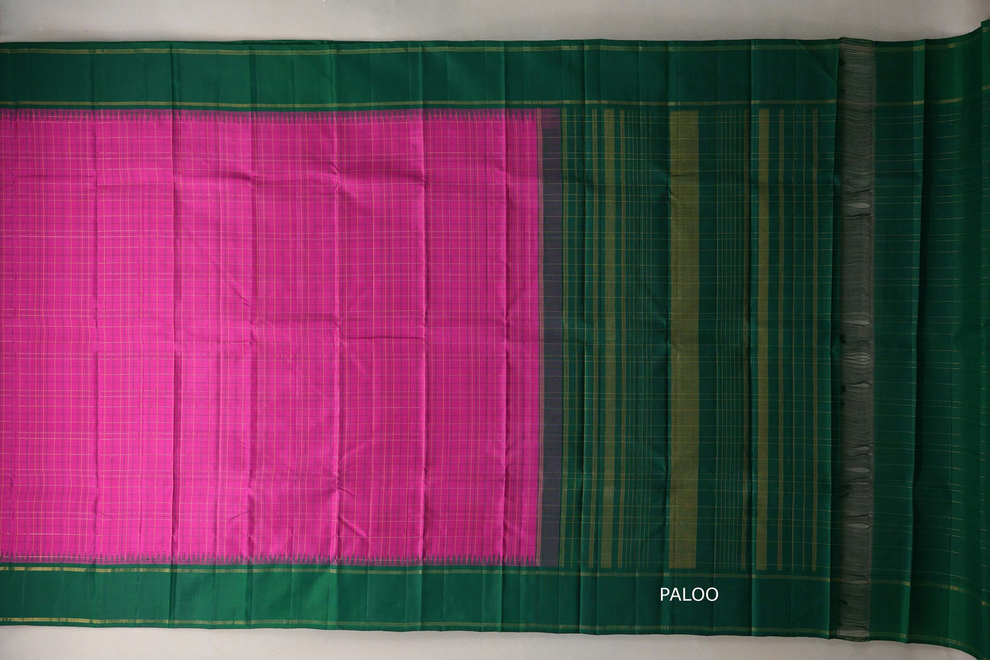 Bright Pink with Forest Green Borders Vintage Kanjivaram Silk Saree paloo