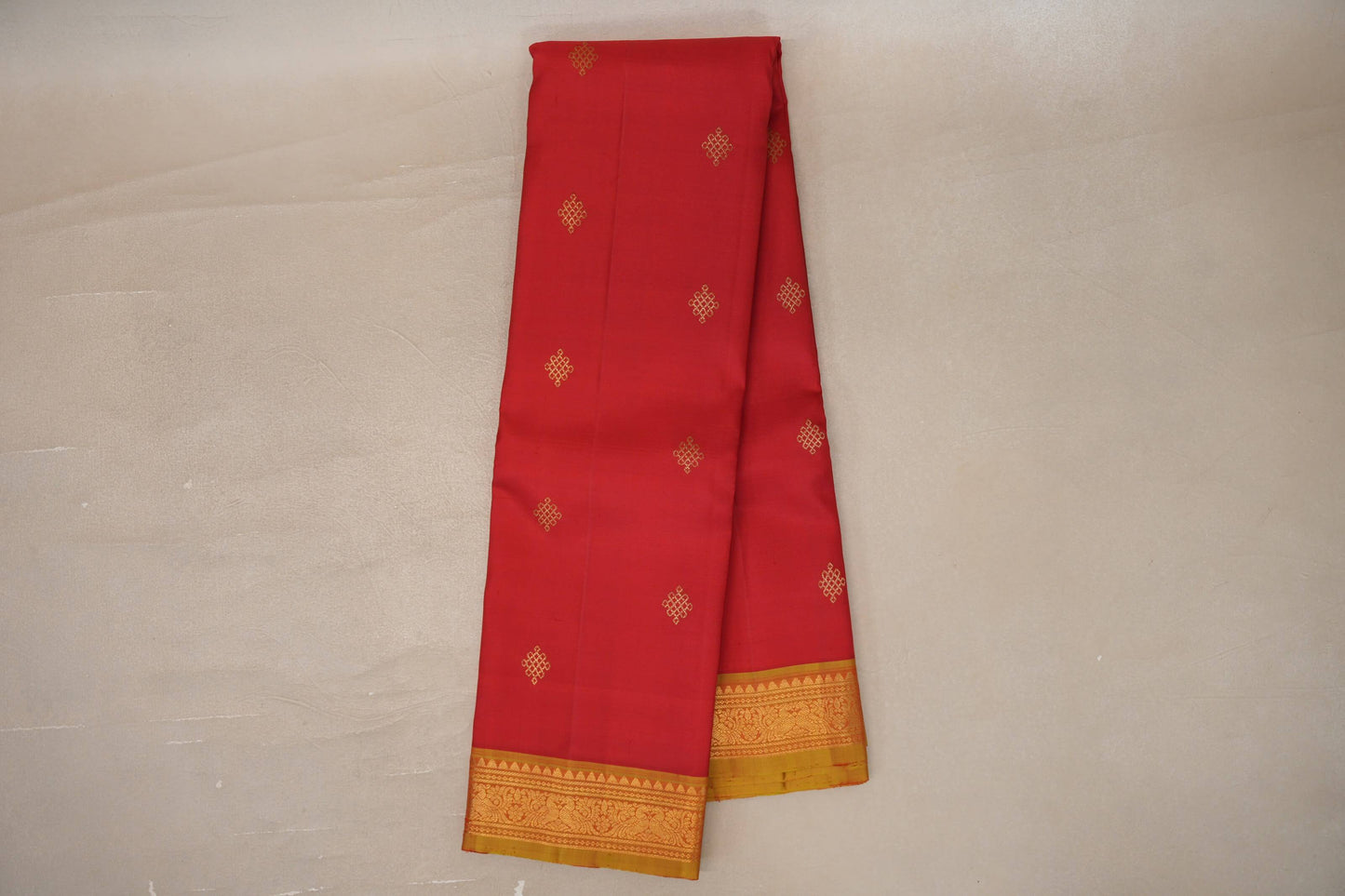 Online Tomato Red with Olive Yellow Borders Vintage Kanjivaram Silk Saree