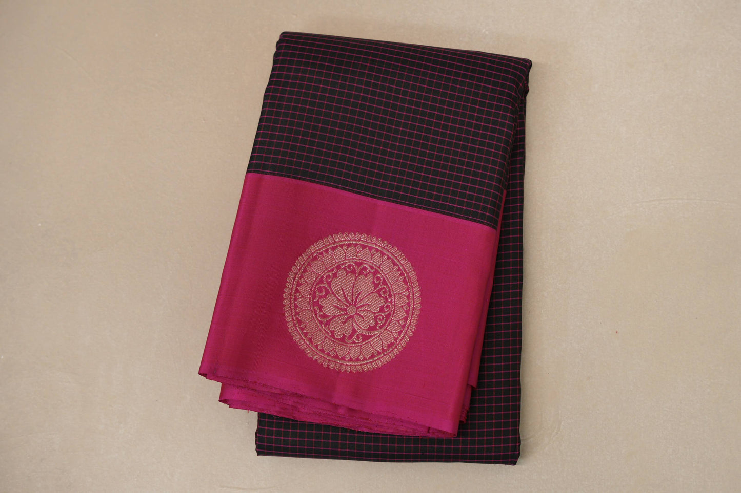folded Black with Bright Pink Borders Vintage Kanjivaram Silk Saree