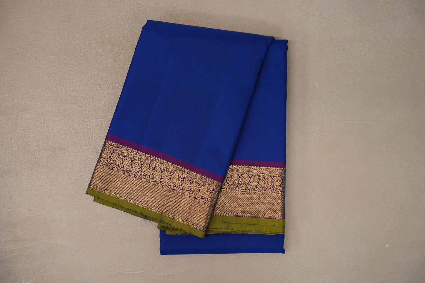 Deep Classic Blue with Deep Purple  with Olive Green Selvedge Borders Vintage Kanjivaram Silk Saree