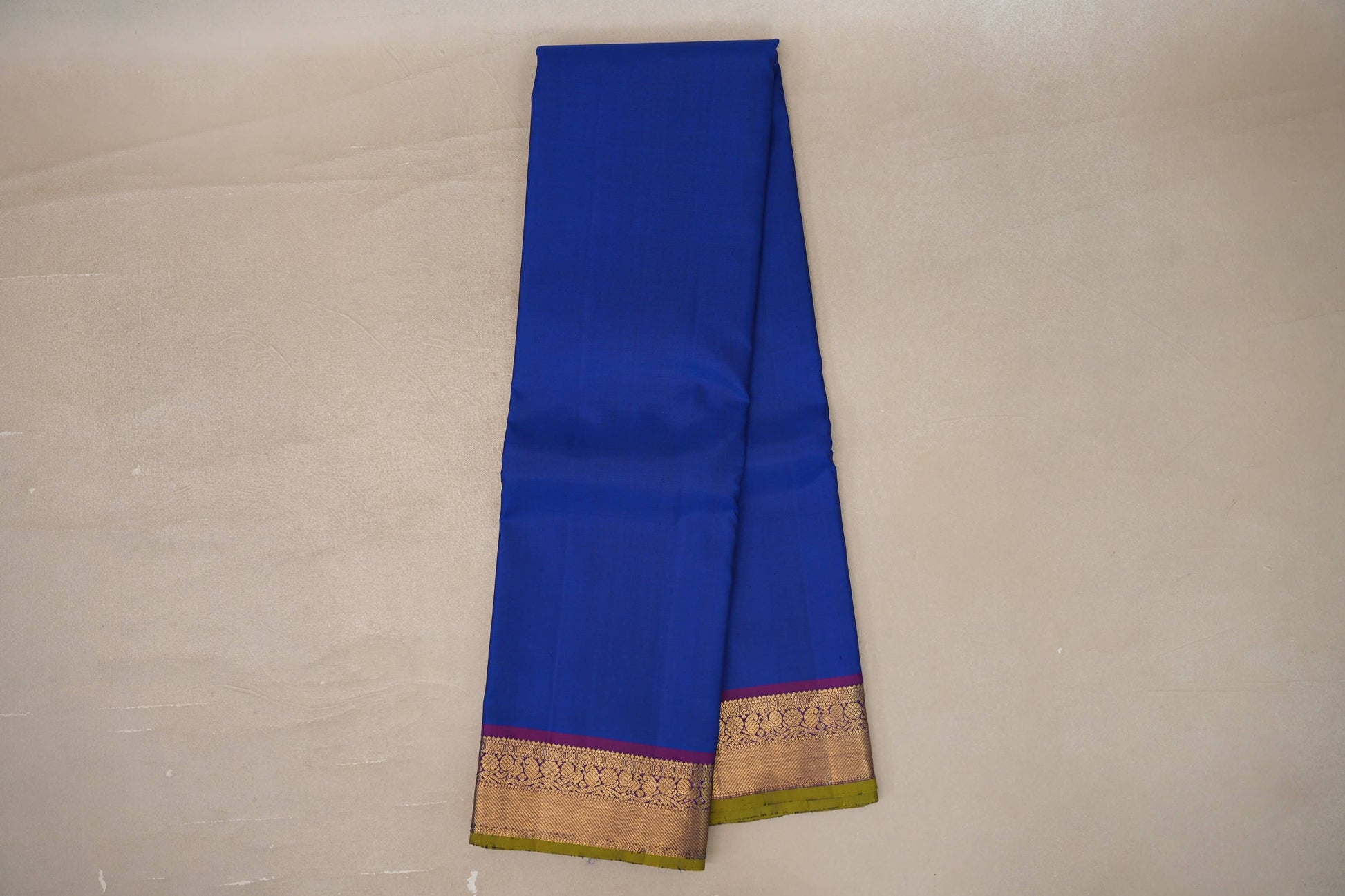 Online Deep Classic Blue with Deep Purple  with Olive Green Selvedge Borders Vintage Kanjivaram Silk Saree