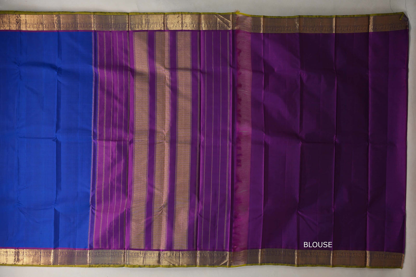 Deep Classic Blue with Deep Purple  with Olive Green Selvedge Borders Vintage Kanjivaram Silk Saree blouse