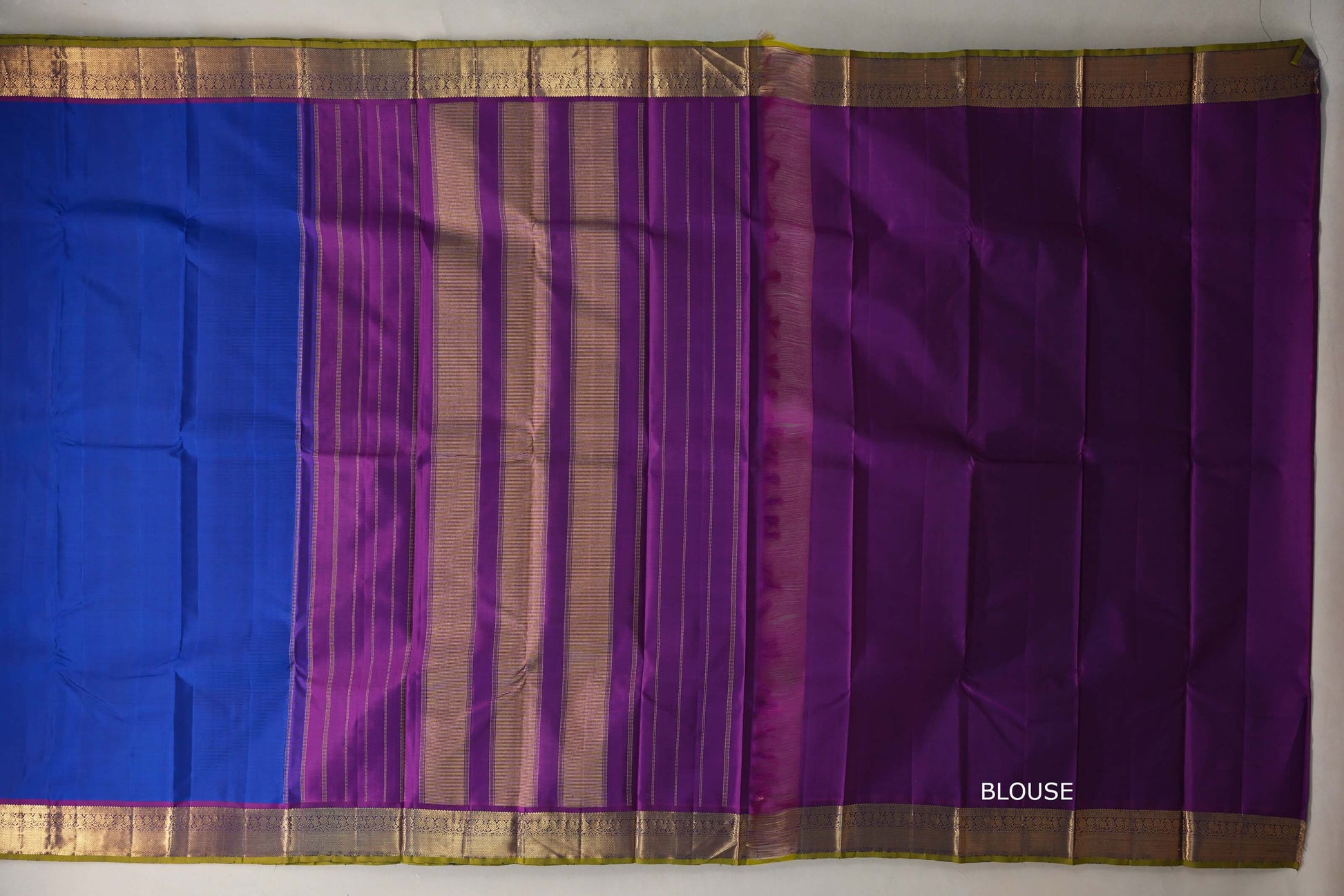 Deep Classic Blue with Deep Purple  with Olive Green Selvedge Borders Vintage Kanjivaram Silk Saree blouse