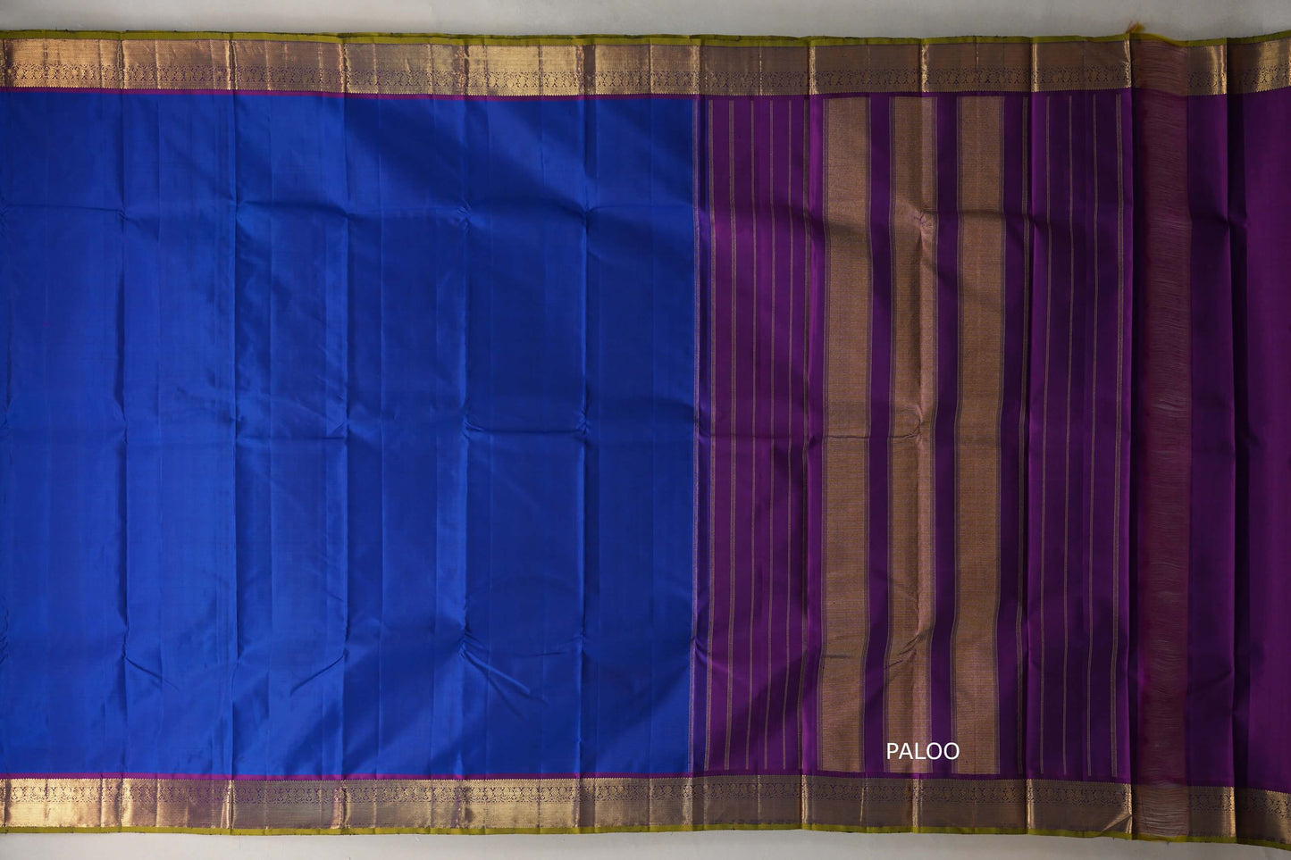 Deep Classic Blue with Deep Purple  with Olive Green Selvedge Borders Vintage Kanjivaram Silk Saree paloo