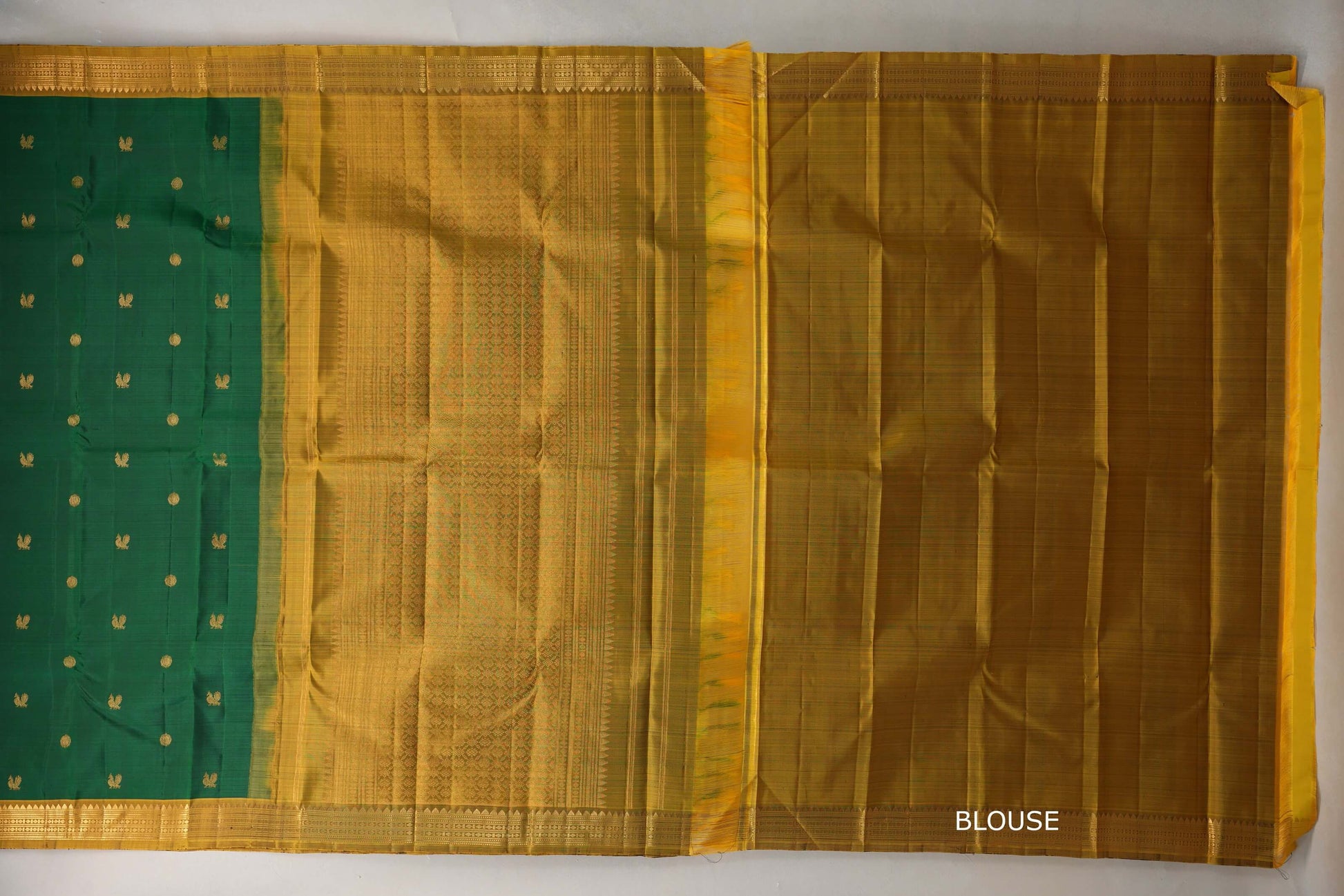 Deep Green with Golden Mustard Borders Vintage Kanjivaram Silk Saree blouse
