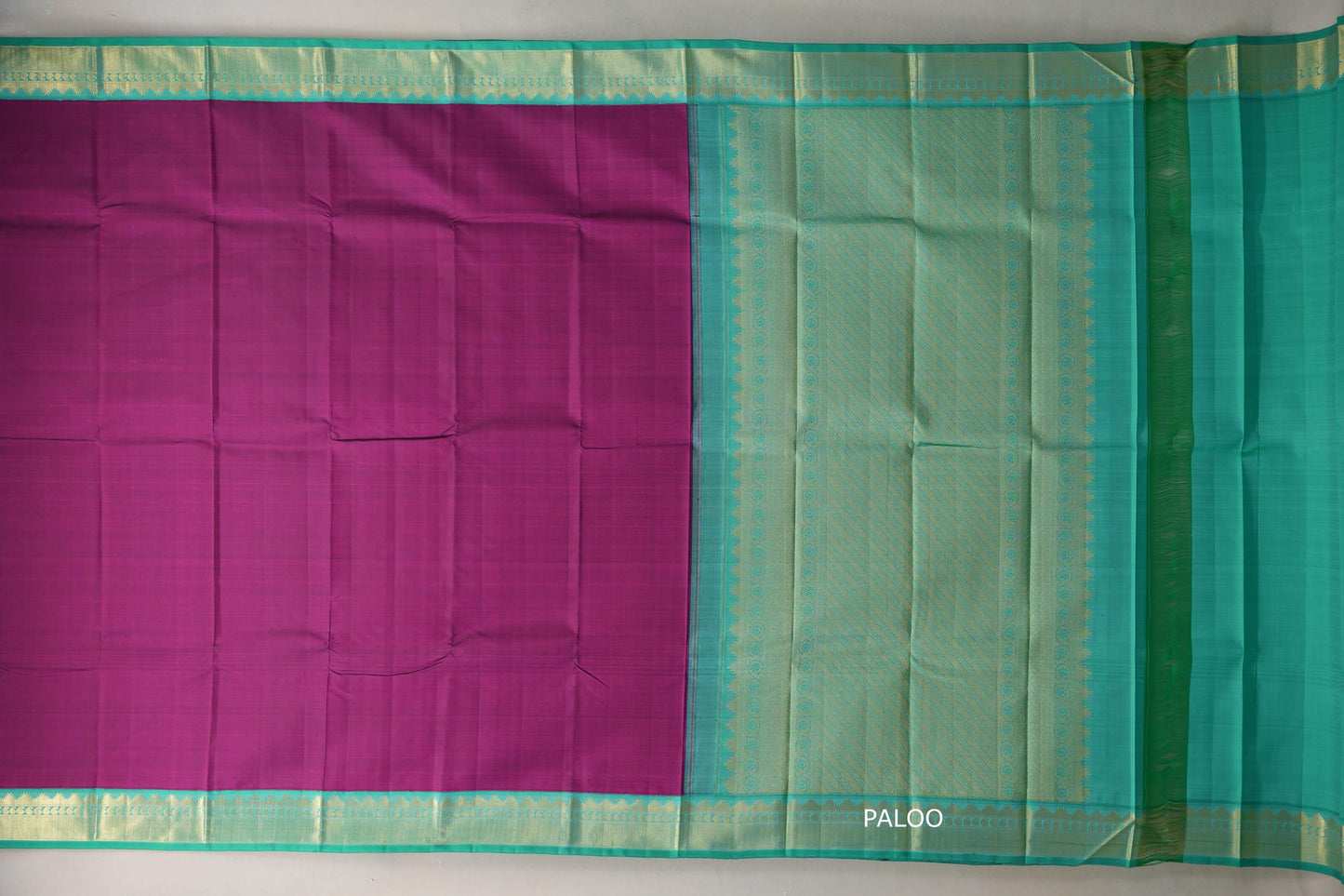 Deep Magenta with Aqua Green Borders Vintage Kanjivaram Silk Saree paloo