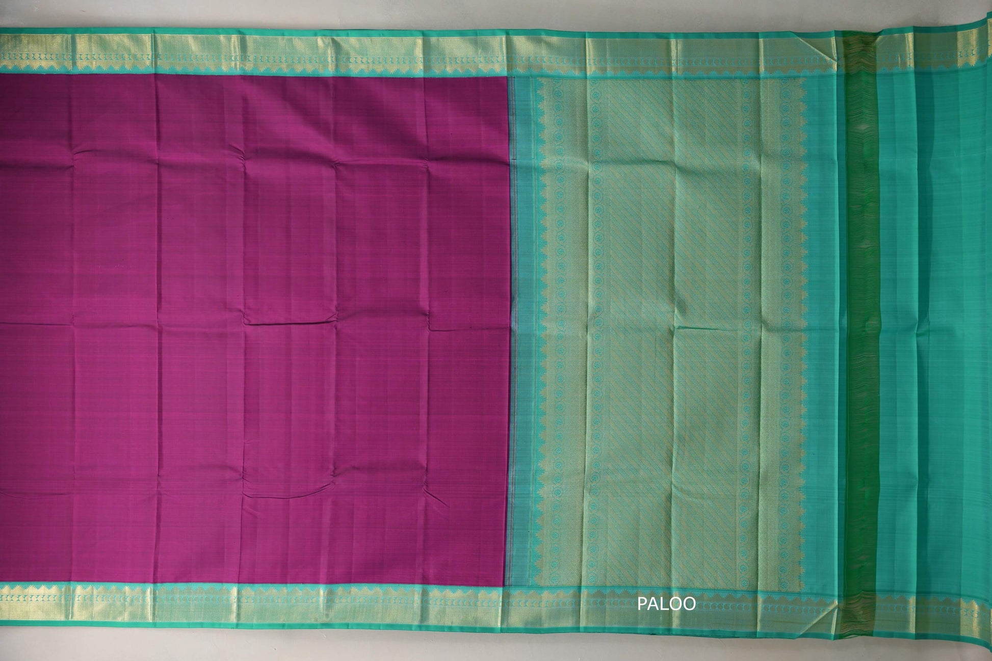 Deep Magenta with Aqua Green Borders Vintage Kanjivaram Silk Saree paloo