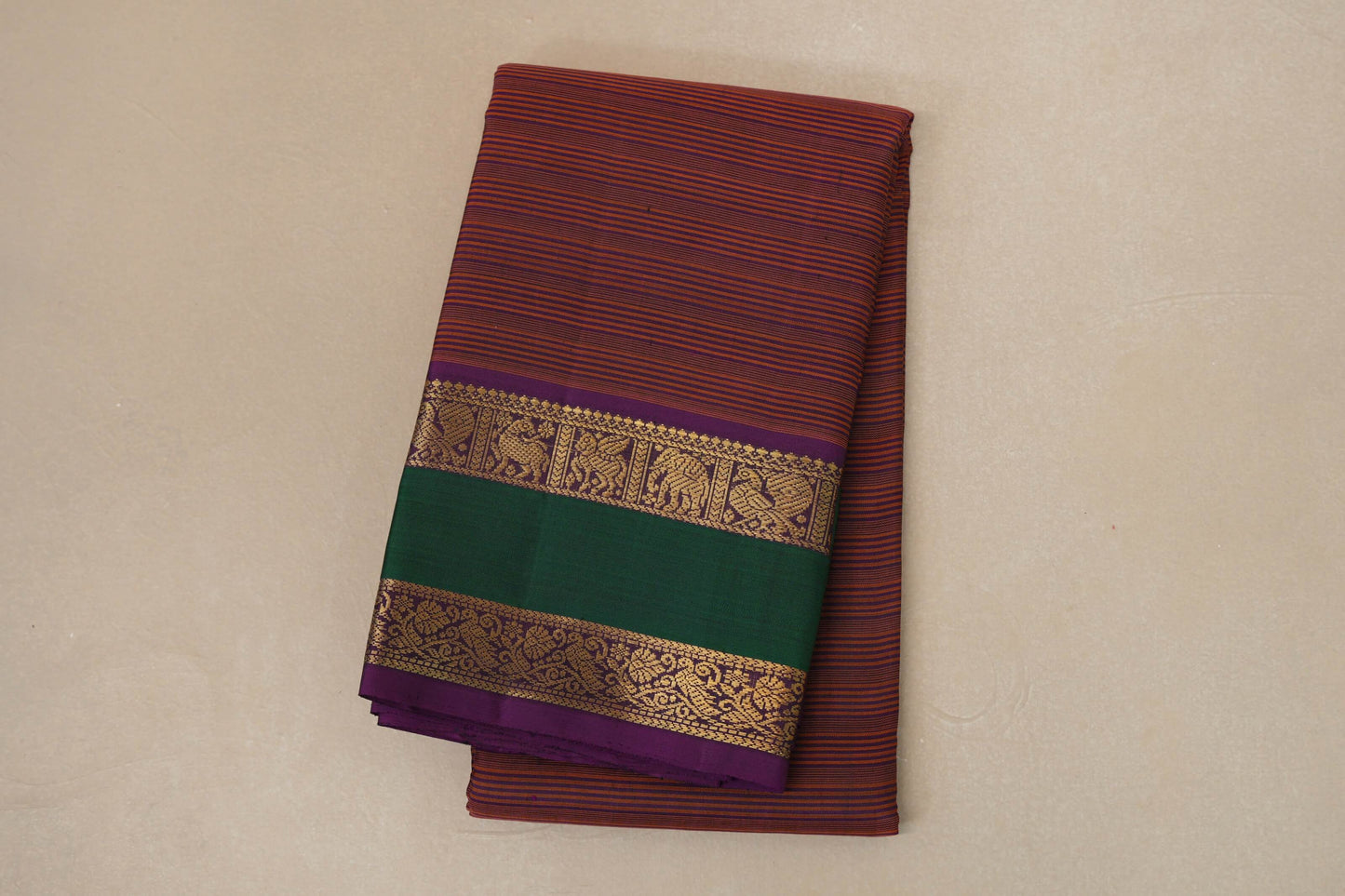 folded Dual Tone Rust and Purple Vintage Kanjivaram Silk Saree