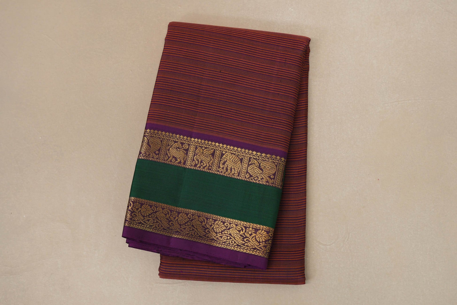 folded Dual Tone Rust and Purple Vintage Kanjivaram Silk Saree