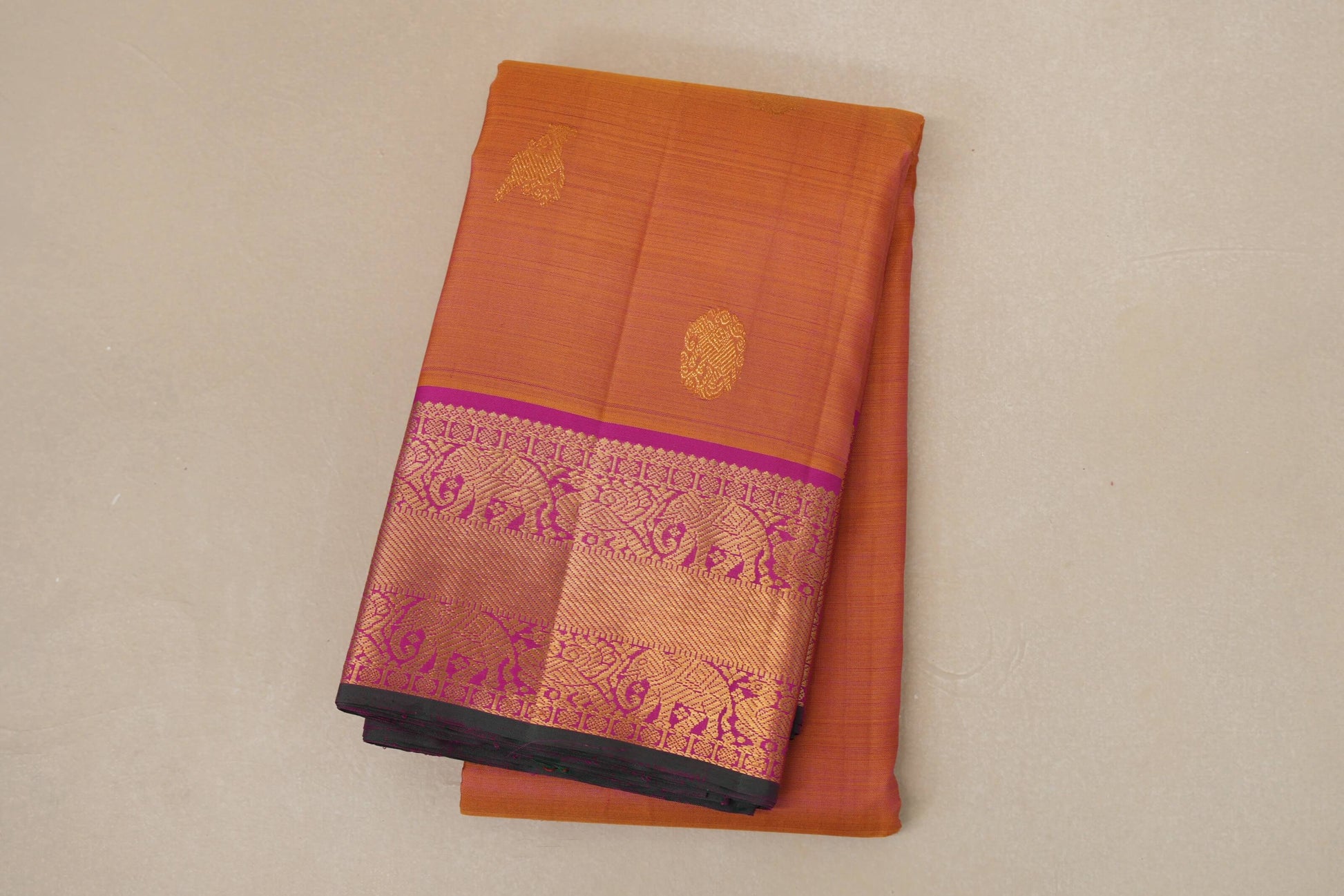 folded Dual Tone Mustard and Pink Vintage Kanjivaram Silk Saree