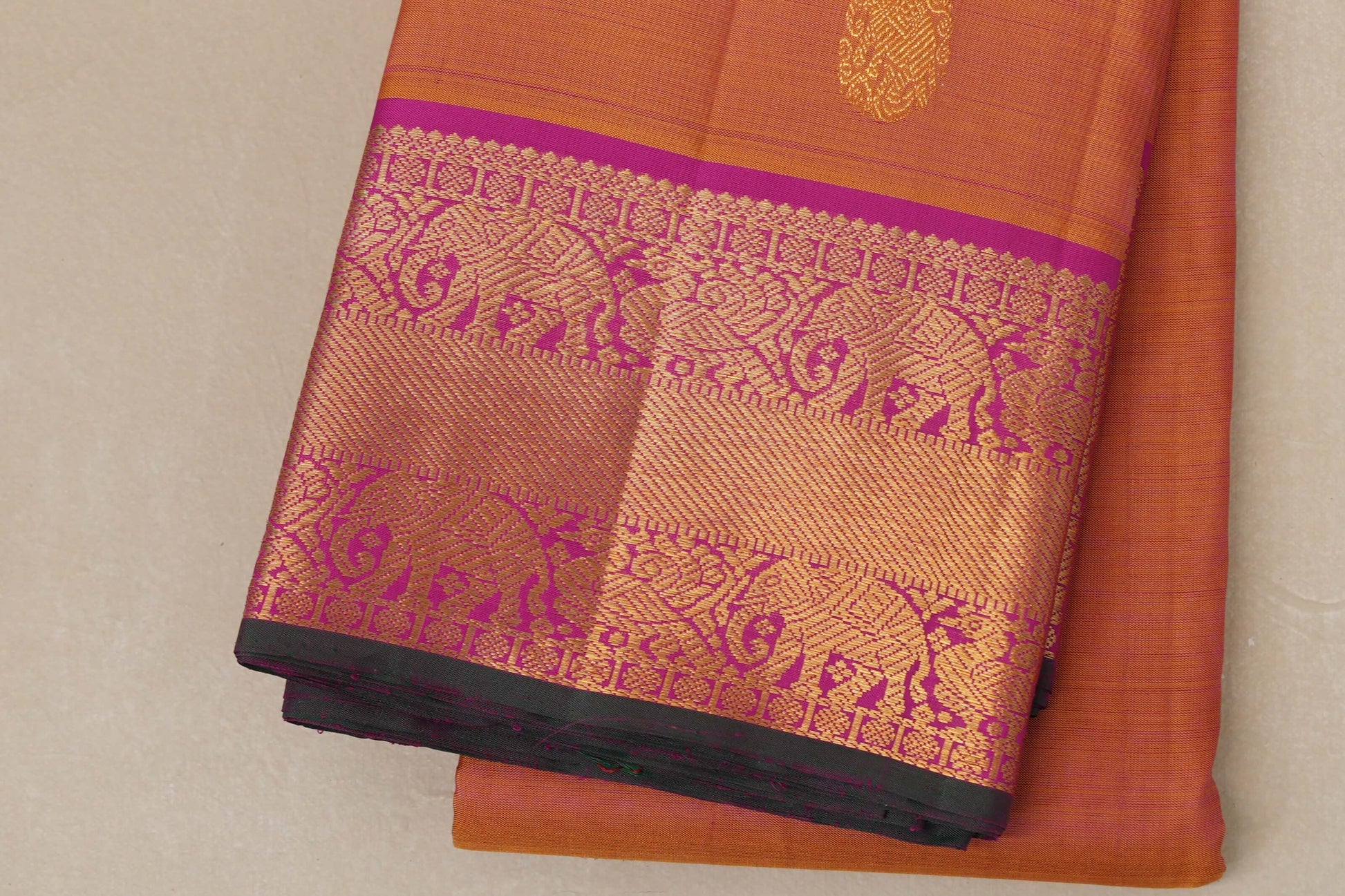 Dual Tone Mustard and Pink Vintage Kanjivaram Silk Saree border zoom