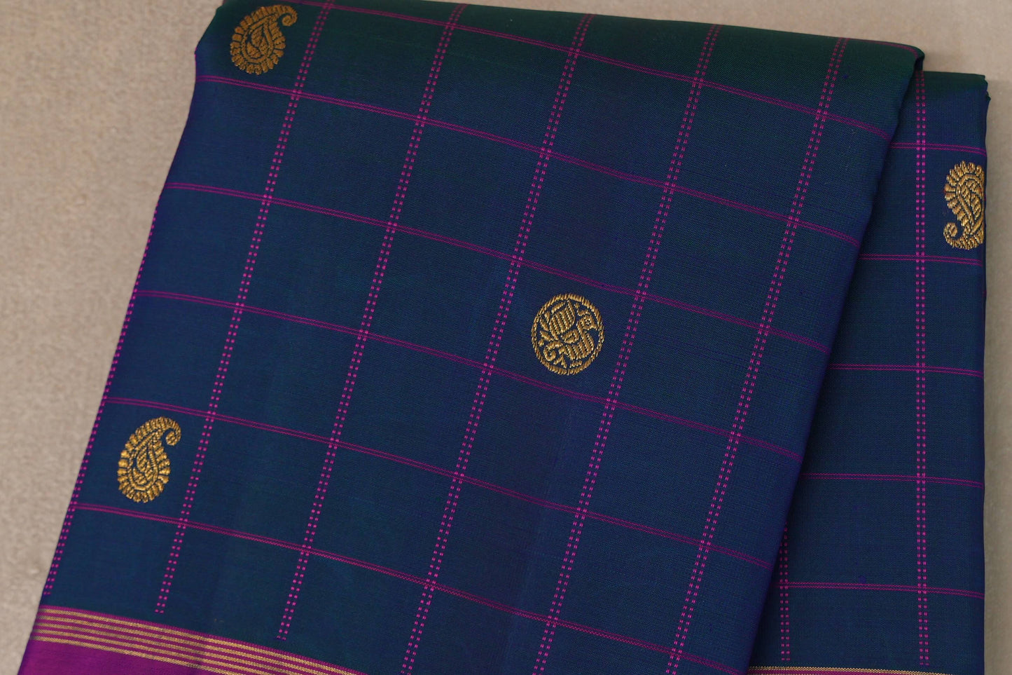 Peacock Blue with Dual Tone of Magenta & Blue Borders Vintage Kanjivaram Silk Saree body