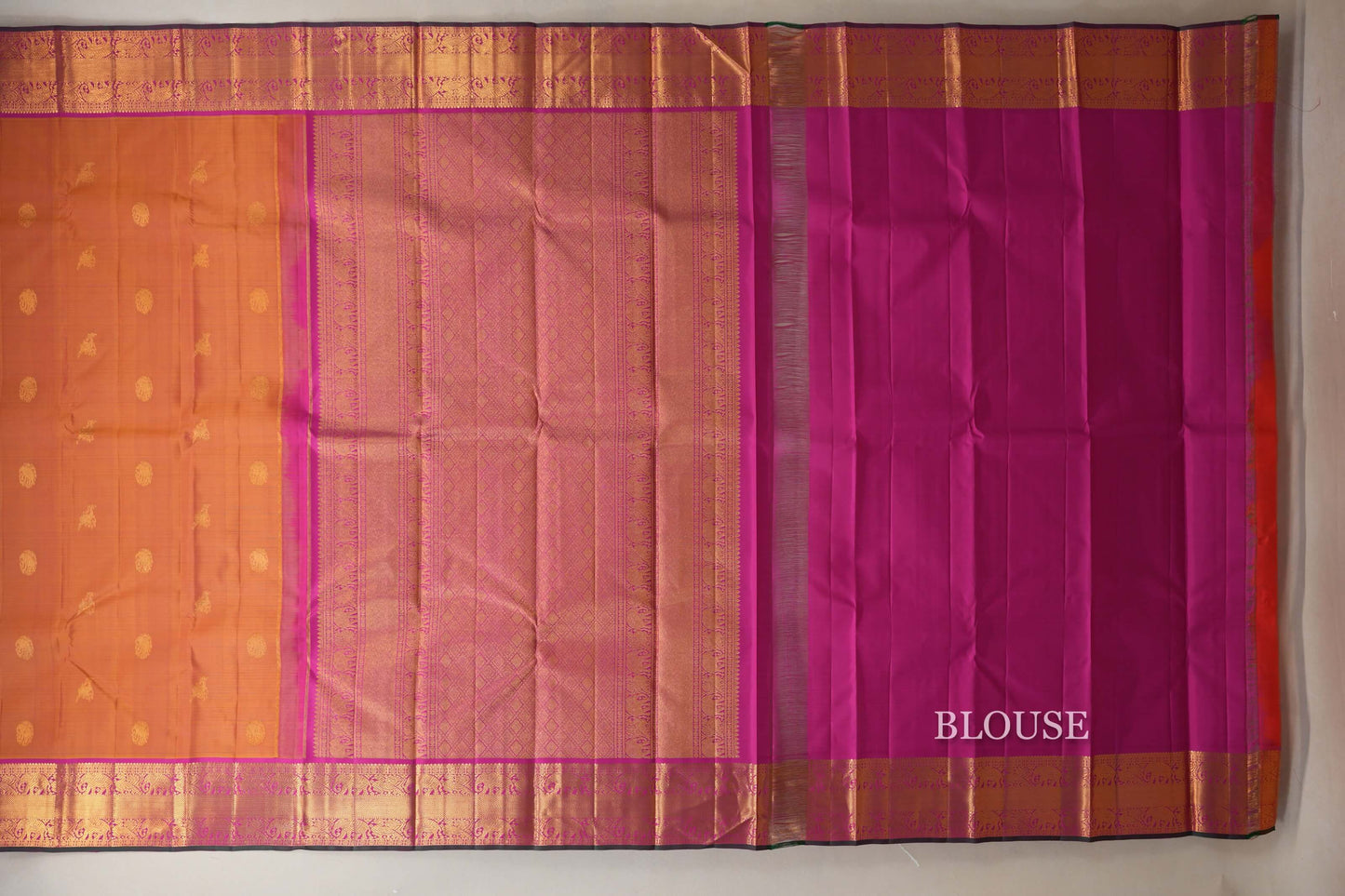 Dual Tone Mustard and Pink Vintage Kanjivaram Silk Saree blouse