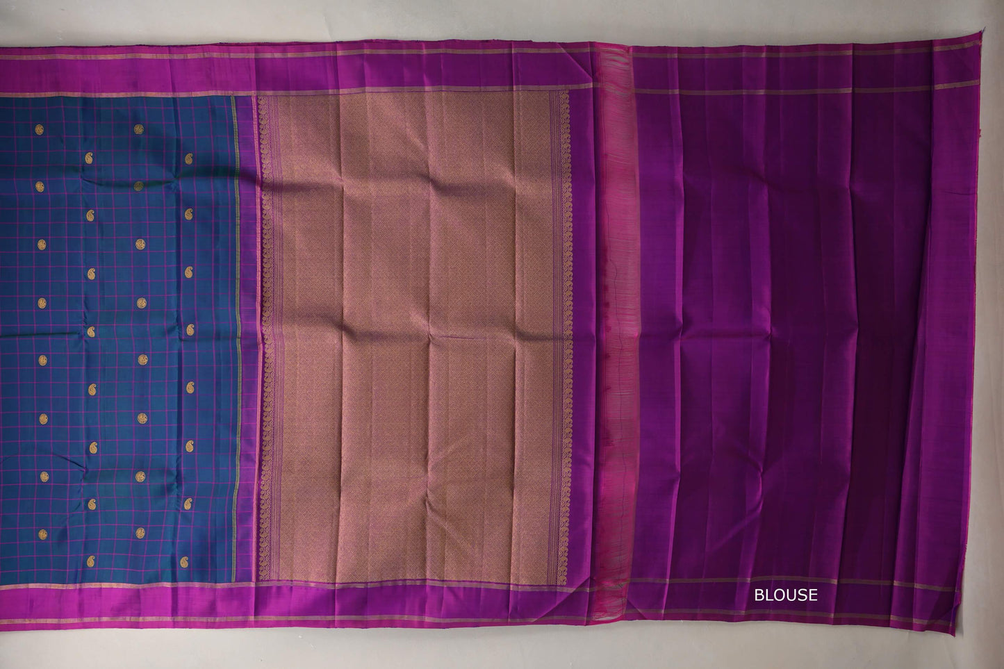 Peacock Blue with Dual Tone of Magenta & Blue Borders Vintage Kanjivaram Silk Saree blouse