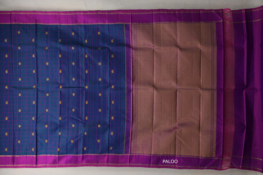 Peacock Blue with Dual Tone of Magenta & Blue Borders Vintage Kanjivaram Silk Saree paloo
