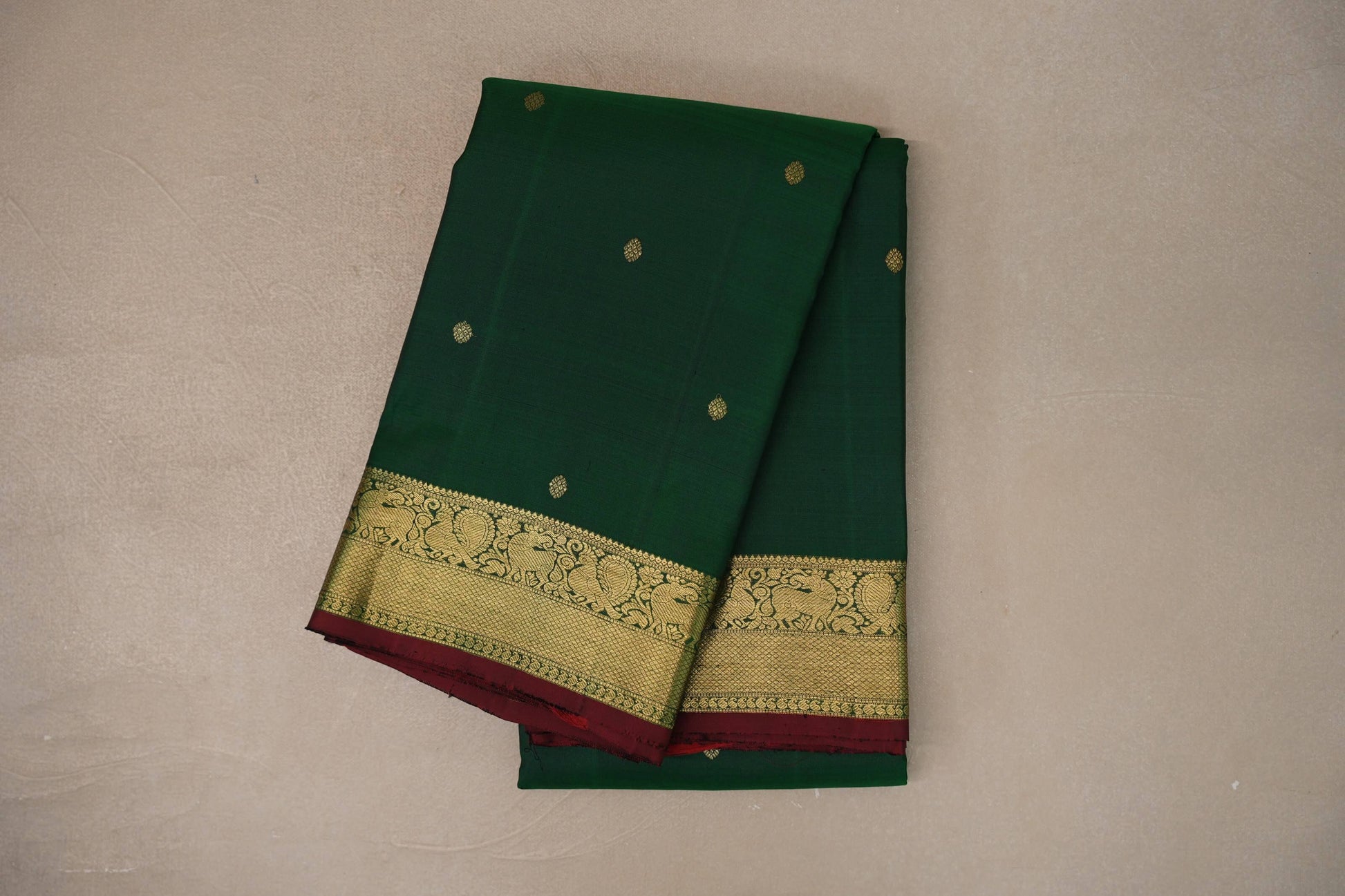 Deep Bottle Green with Reddish Maroon Borders Vintage Kanjivaram Silk Saree