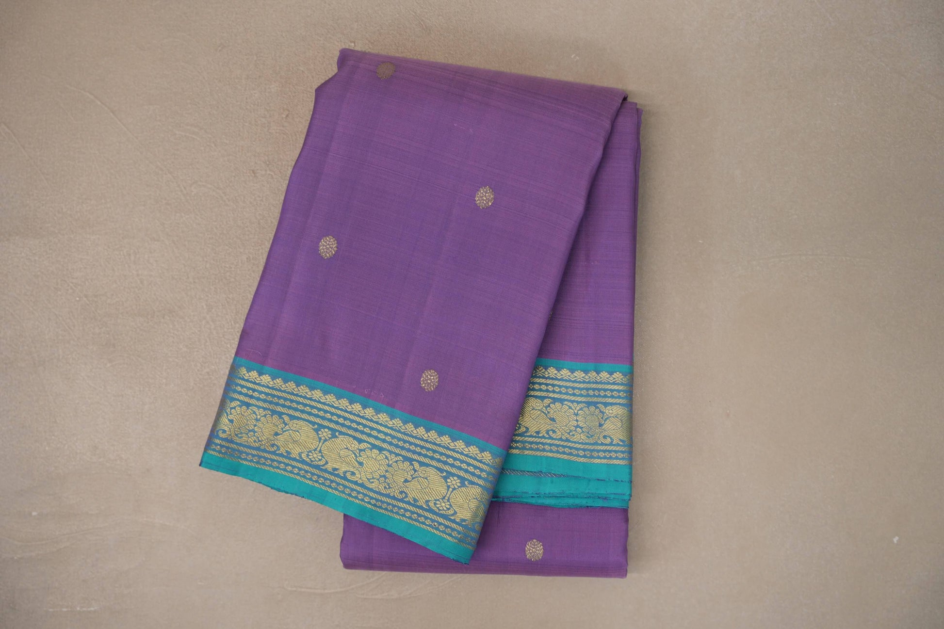 Lavender Purple with Turquoise Blue Borders Vintage Kanjivaram Silk Saree