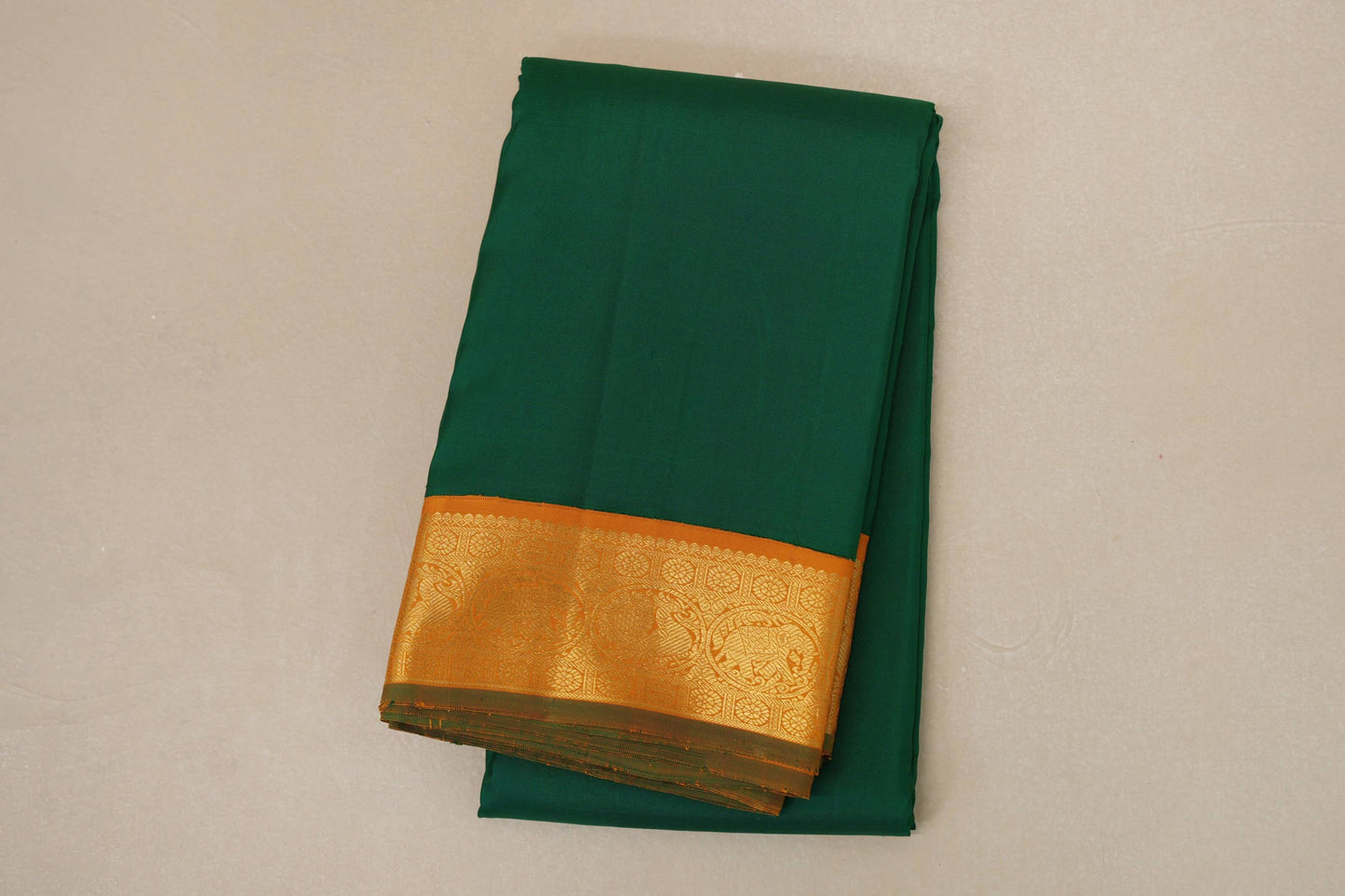 folded Dark Green with Mustard Orange Borders Vintage Kanjivaram Silk Saree