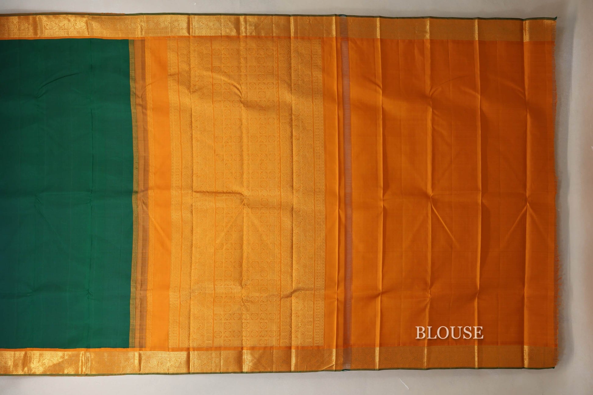 Dark Green with Mustard Orange Borders Vintage Kanjivaram Silk Saree blouse