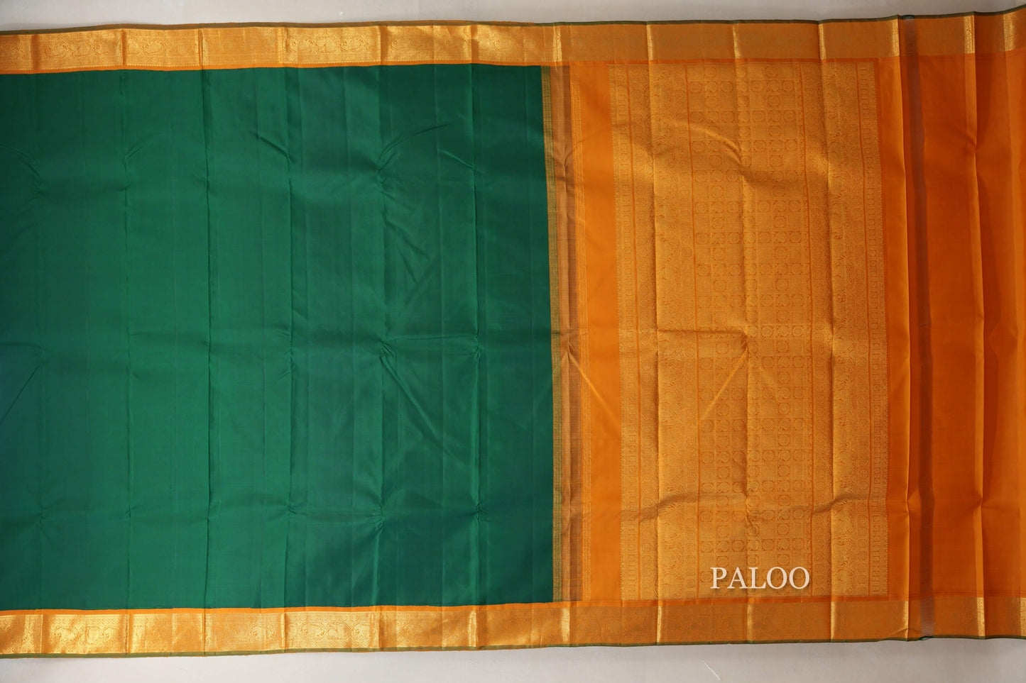 Dark Green with Mustard Orange Borders Vintage Kanjivaram Silk Saree paloo