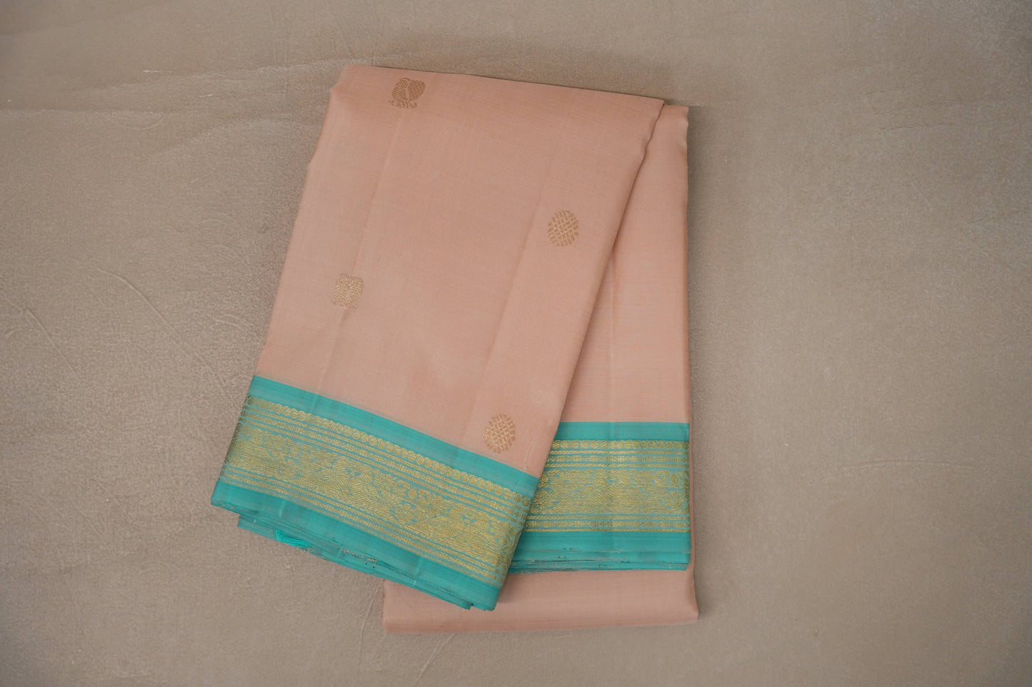 Light Peach with Light Aqua Blue Borders Vintage Kanjivaram Silk Saree