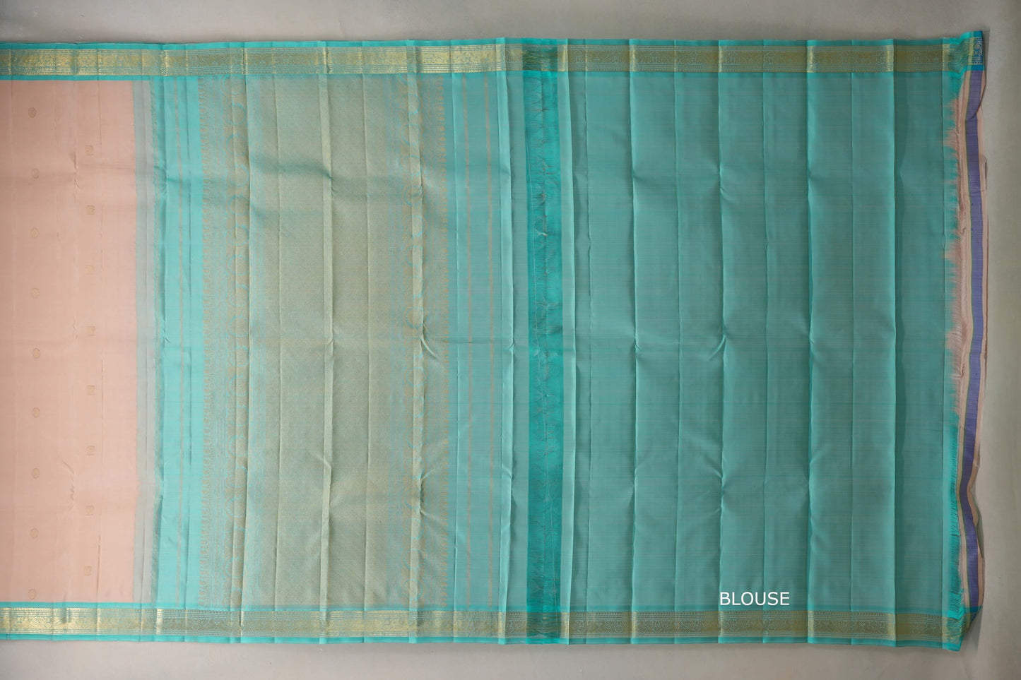 Light Peach with Light Aqua Blue Borders Vintage Kanjivaram Silk Saree blouse
