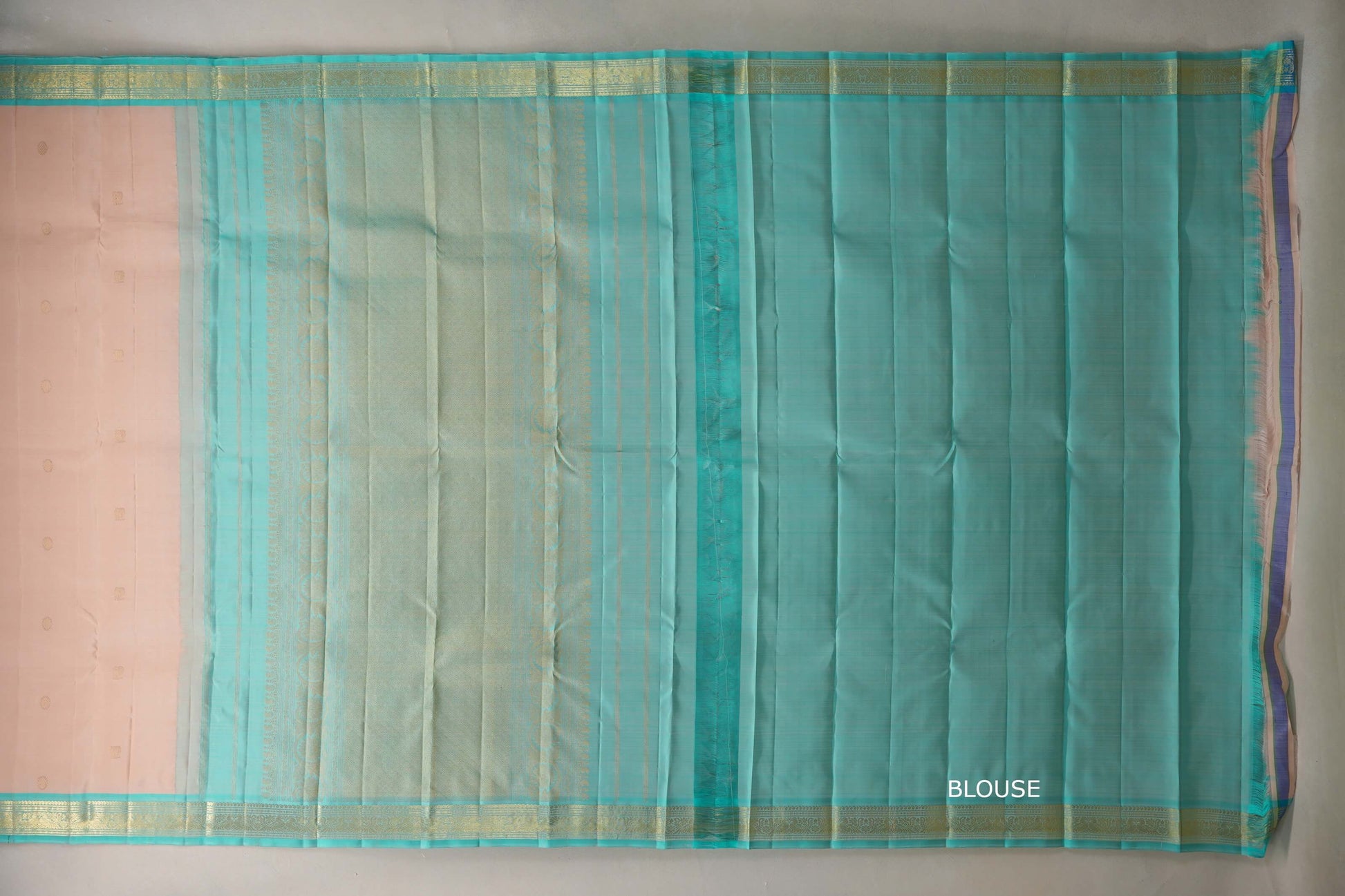 Light Peach with Light Aqua Blue Borders Vintage Kanjivaram Silk Saree blouse