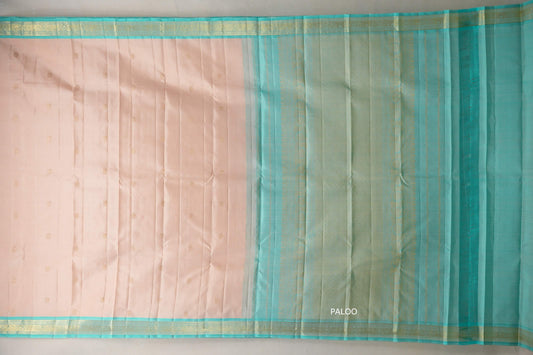 Light Peach with Light Aqua Blue Borders Vintage Kanjivaram Silk Saree paloo