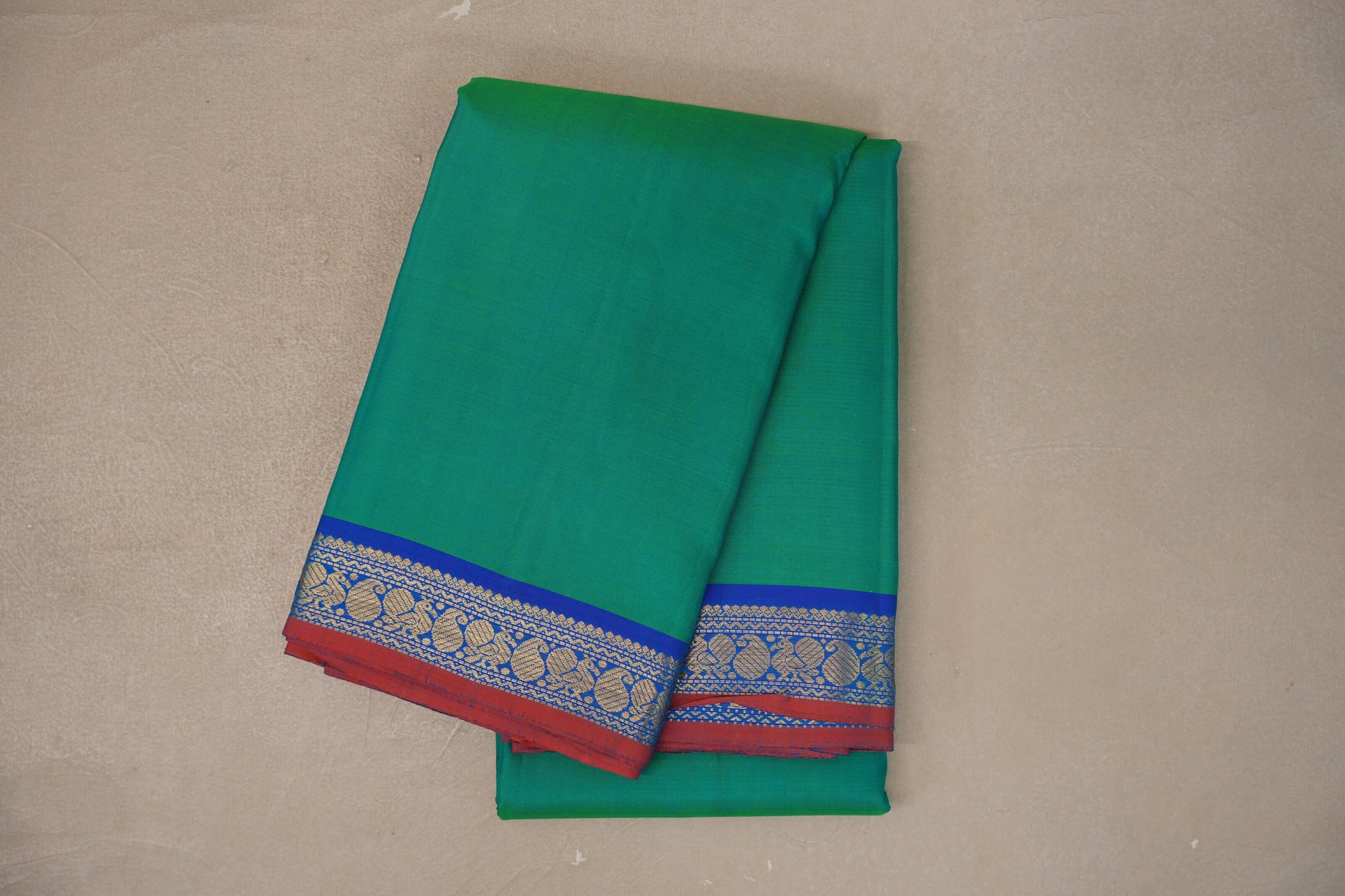 Dual tone of Green and Blue with Classic Blue with Orange Selvedge Borders Vintage Kanjivaram Silk Saree