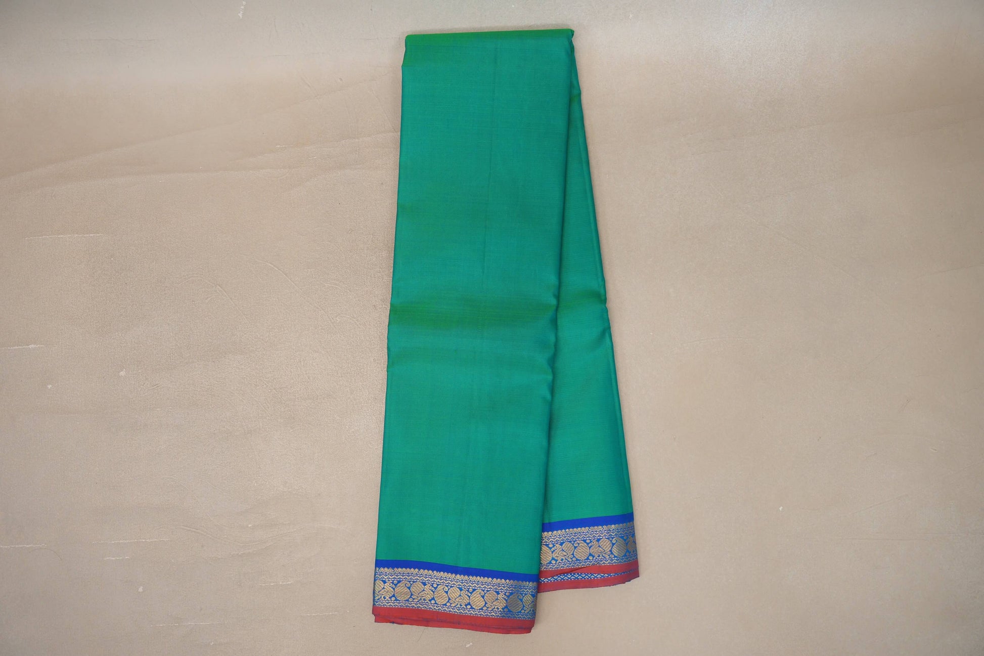 Online Dual tone of Green and Blue with Classic Blue with Orange Selvedge Borders Vintage Kanjivaram Silk Saree