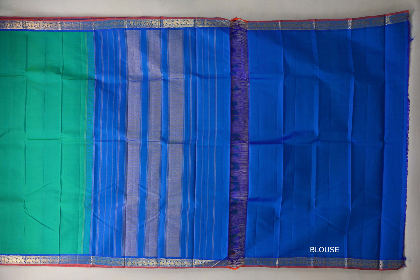 Dual tone of Green and Blue with Classic Blue with Orange Selvedge Borders Vintage Kanjivaram Silk Saree blouse