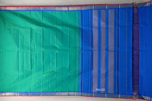 Dual tone of Green and Blue with Classic Blue with Orange Selvedge Borders Vintage Kanjivaram Silk Saree paloo