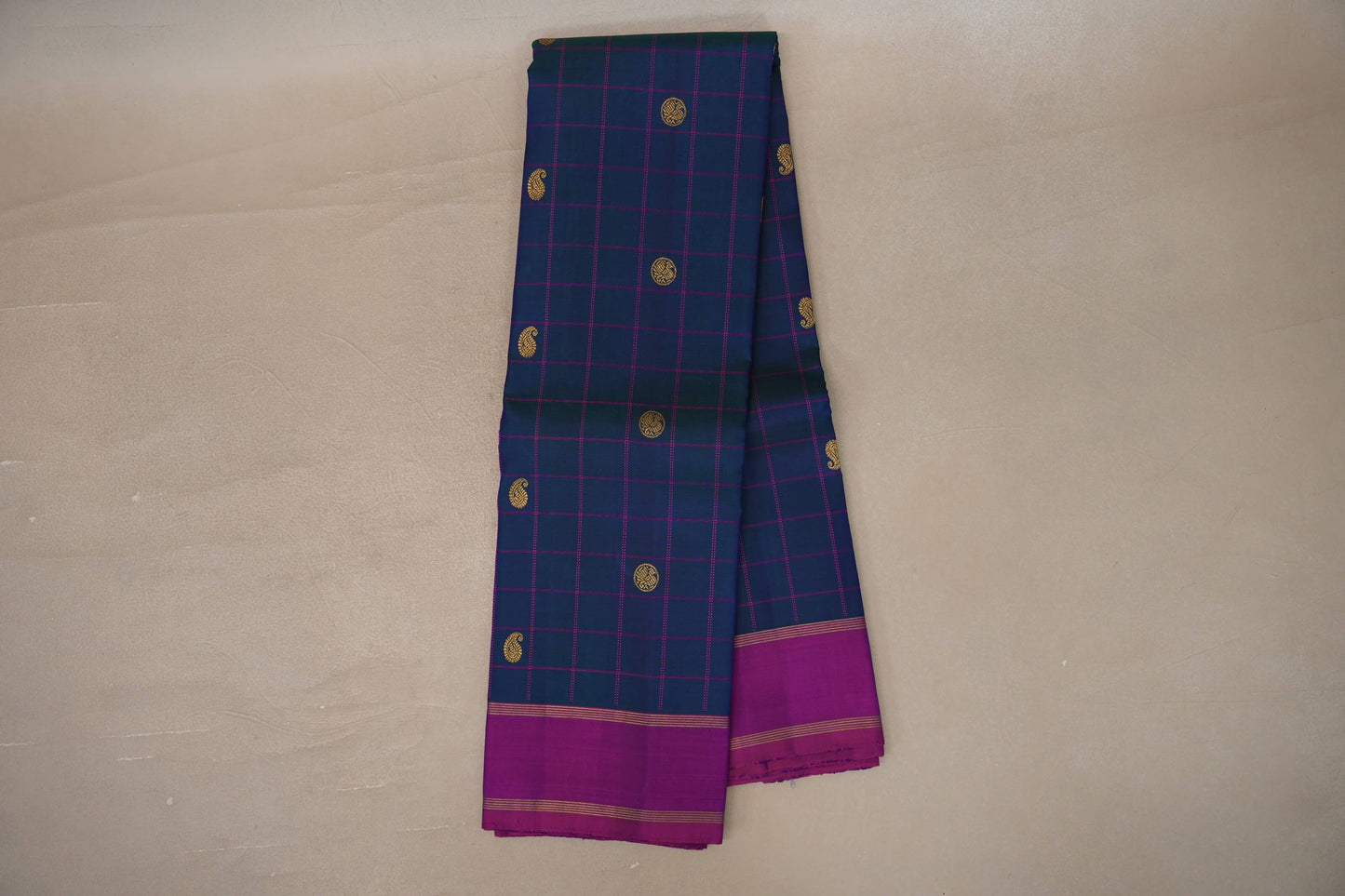 Online Peacock Blue with Dual Tone of Magenta & Blue Borders Vintage Kanjivaram Silk Saree