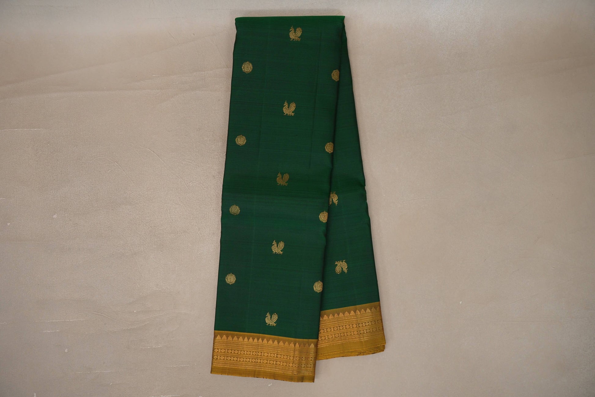 Online Deep Green with Golden Mustard Borders Vintage Kanjivaram Silk Saree