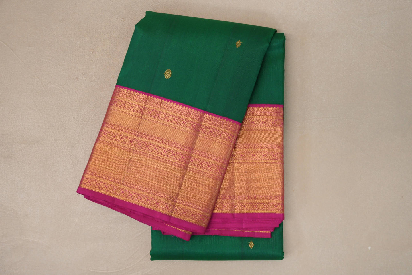 Emerald green with Rani Pink borders Vintage Kanjivaram Silk Saree by Shreenivas Silks 