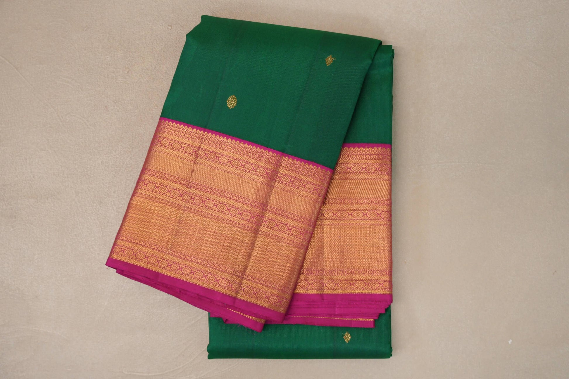 Emerald green with Rani Pink borders Vintage Kanjivaram Silk Saree by Shreenivas Silks 