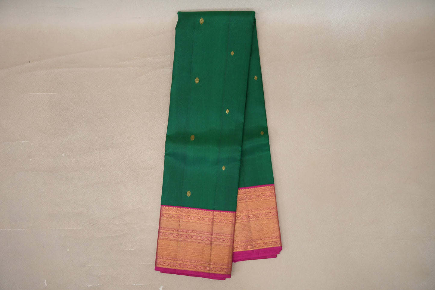 Emerald green with Rani Pink borders Vintage Kanjivaram Silk Saree by Shreenivas Silks 