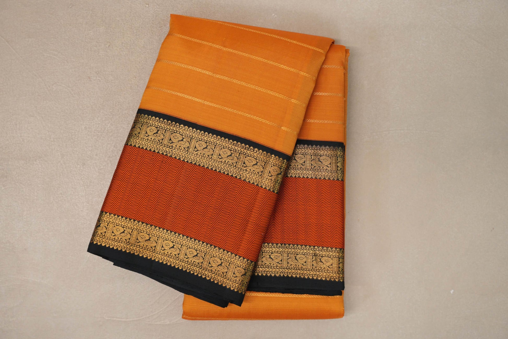 Mango orange with Black borders Vintage Kanjivaram Silk Saree by Shreenivas Silks