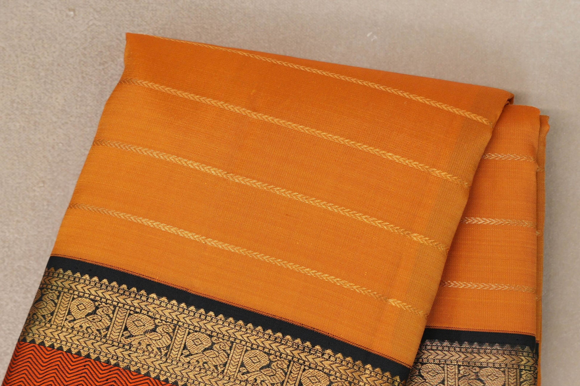 Mango orange with Black borders Vintage Kanjivaram Silk Saree by Shreenivas Silks body